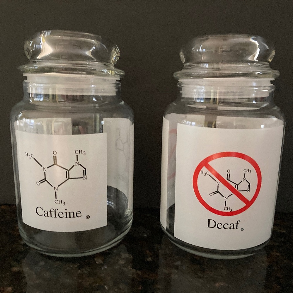 Glass Jar Containers for Caffeine & Decaf Coffee Beans/Grounds/Chemical Symbols